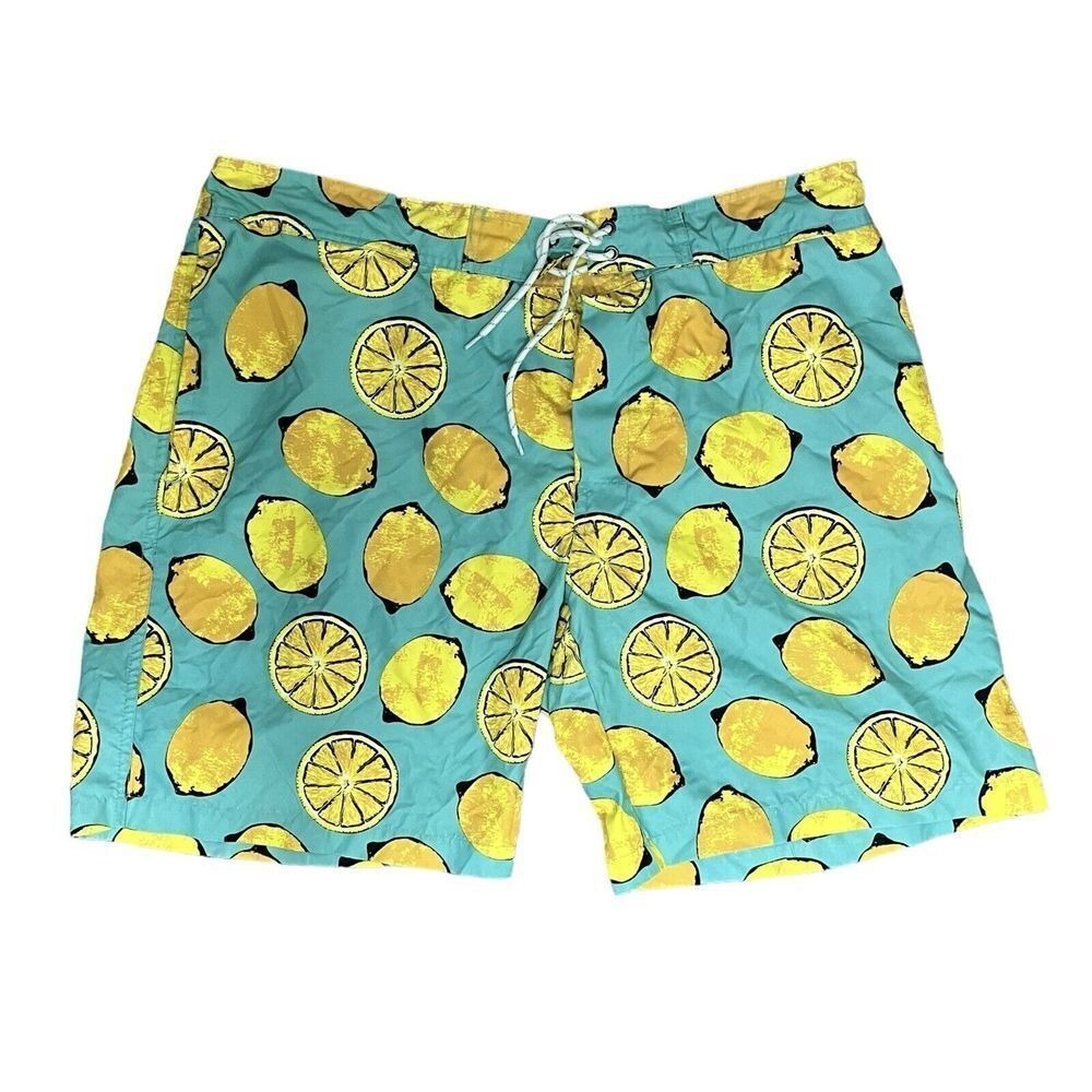 St John's Bay Mens XXL Board Shorts Swim Trunks Teal Lemon Print Drawstring